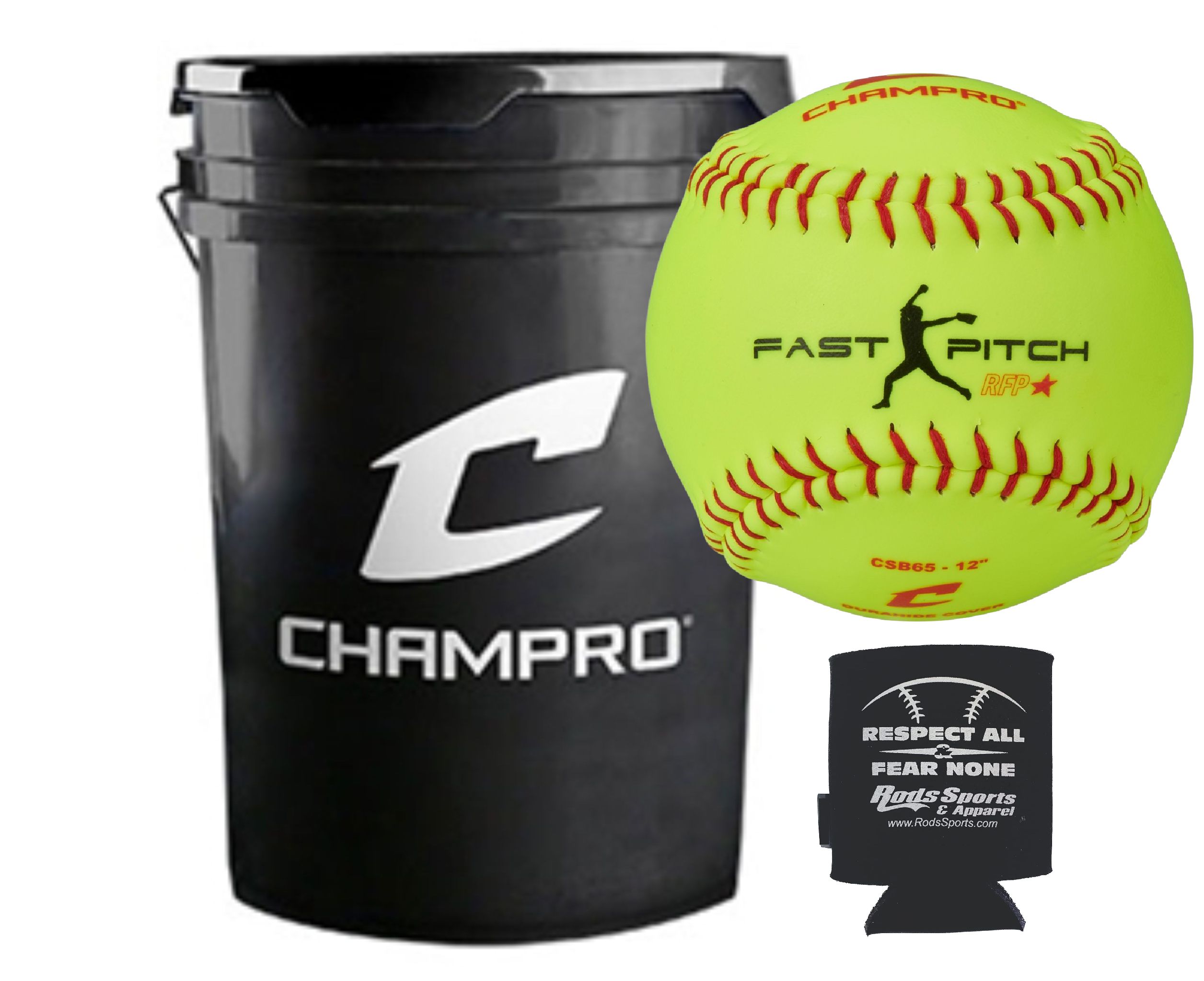 CHAMPRO CSB65 Durahide Cover 12" Practice Softballs in a Black Bucket